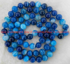 8mm Natural Blue Striped Agate Gemstones Round Beads Necklace 24-52'' - Picture 1 of 16