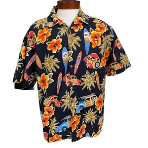 Reebesse Hawaiian Shirt Men's Large Floral Surfboards Palm Trees Woody Wagon Vtg - Picture 1 of 12