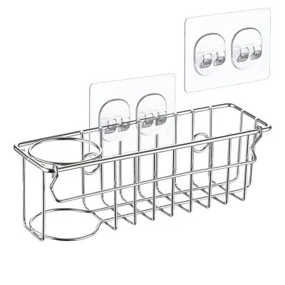 Soporte de esponja para fregadero 3 en 1 de acero inoxidable 304 blanco con varilla colgante Foto 1 de 4