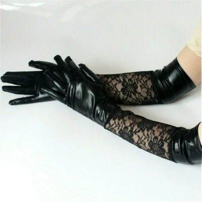 Lady Faux Leather Gloves Lace Floral Mesh Patchwork Wet Look Cosplay Gothic NR9 - Image 1 of 4