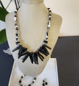 Necklace Set. Bohemian Black Onyx, Zebra Jasper, Coral Bamboo. Genuine Stone - Picture 1 of 9