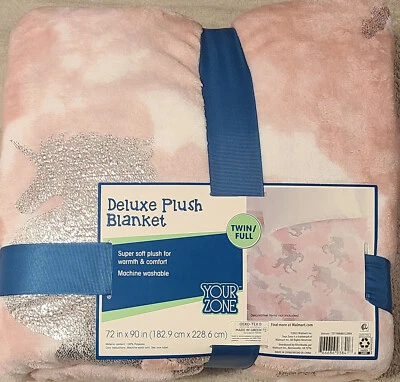 Your Zone Deluxe Plush Blanket Twin /Full Pink & White Sparkle Unicorns New 2023 - Image 1 of 4