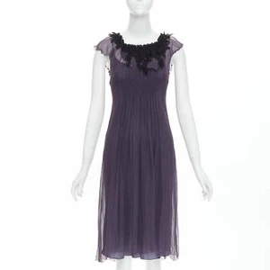 LANVIN Vintage purple silk black lace trim ruched waist sheer dress FR38 M - Picture 1 of 9