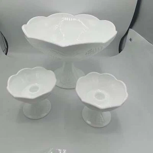 3 pc set Milk Glass Compote bowl and candle holders Grape Vine Pattern - Picture 1 of 7