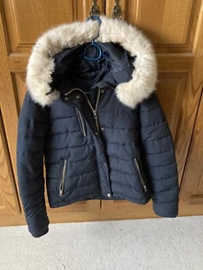 TOPSHOP black padded puffer jacket size 10. Faux fur trim, removable hood VGC - Picture 1 of 5
