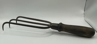 Vintage Garden Tool 3 Tine Hand Claw Fork Cultivator Wood Handle - Image 1 of 4