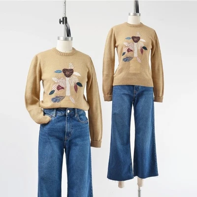 Suéter Vintage Años 70 Maceta Floral Cuello Redondo Ajustado Boho Hippie XS S  Foto 1 de 4