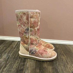 RARE UGG Boots Romantic Pink Flower Classic Tall Winter Women 6 Floral Leather - Picture 1 of 8