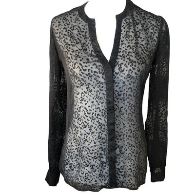Theory Sheer Silk Blend Black Flocked Minimalist Elegant Dressy Blouse $395 0T - Image 1 of 4
