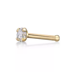 18 Gauge Straight Bone 0.05 Carat Diamond Nose Ring 14k Yellow Gold Hypoallergen - Picture 1 of 9