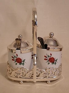 2 Condiment/Jelly Jars w/Rack/Holder Silver Plated Spoons England Red Roses - Picture 1 of 24