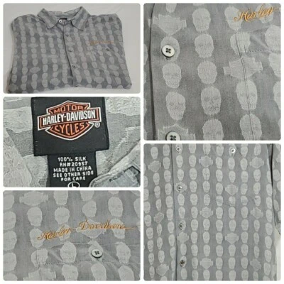 Harley Davidson Seda Abotonada SS Para Hombres Talla L Bordado Logo Gris Calaveras  Foto 1 de 4