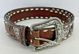 NOCONA WESTERN BELT AND BUCKLE XLGENUINE LEATHER TURCOISE, FLORAL SCROLL PATTERN - Picture 1 of 14