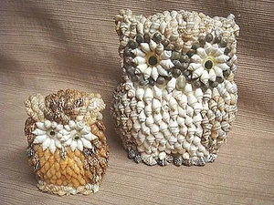 2 UNIQUE & CLEVER OWLS Covered in TINY SEA SHELLS - 1 is a BANK by NANCO - Picture 1 of 12