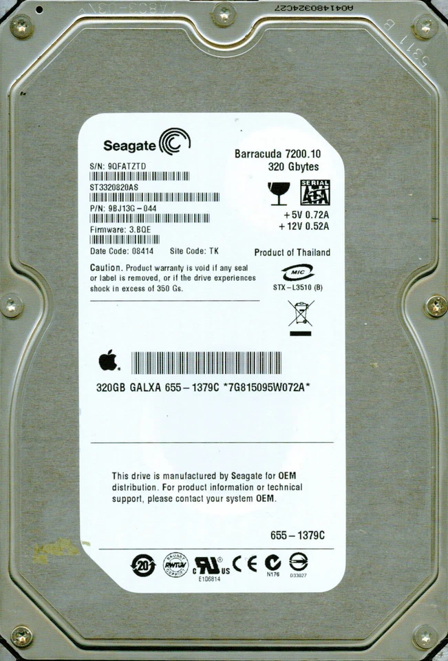 ST3320820AS P/N 9BJ13G-044 F/W 3.BQE  TK,  9QF   SEAGATE SATA 320GB  - Image 1 of 1