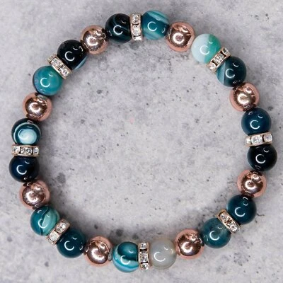 Pulsera de ágata de encaje verde genuino, cuentas de hematita de oro rosa, espaciadores Rondelle, 7 Foto 1 de 4