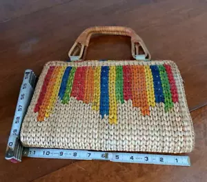 Vintage Colored Straw with Bamboo Handles Small Zipper Purse-Bag - Picture 1 of 5