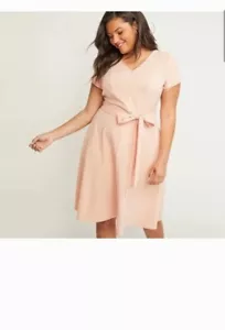 Lane Bryant Womens Size 26 Pink Peach V-Neck Belted Fit Flare Dress - Picture 1 of 12