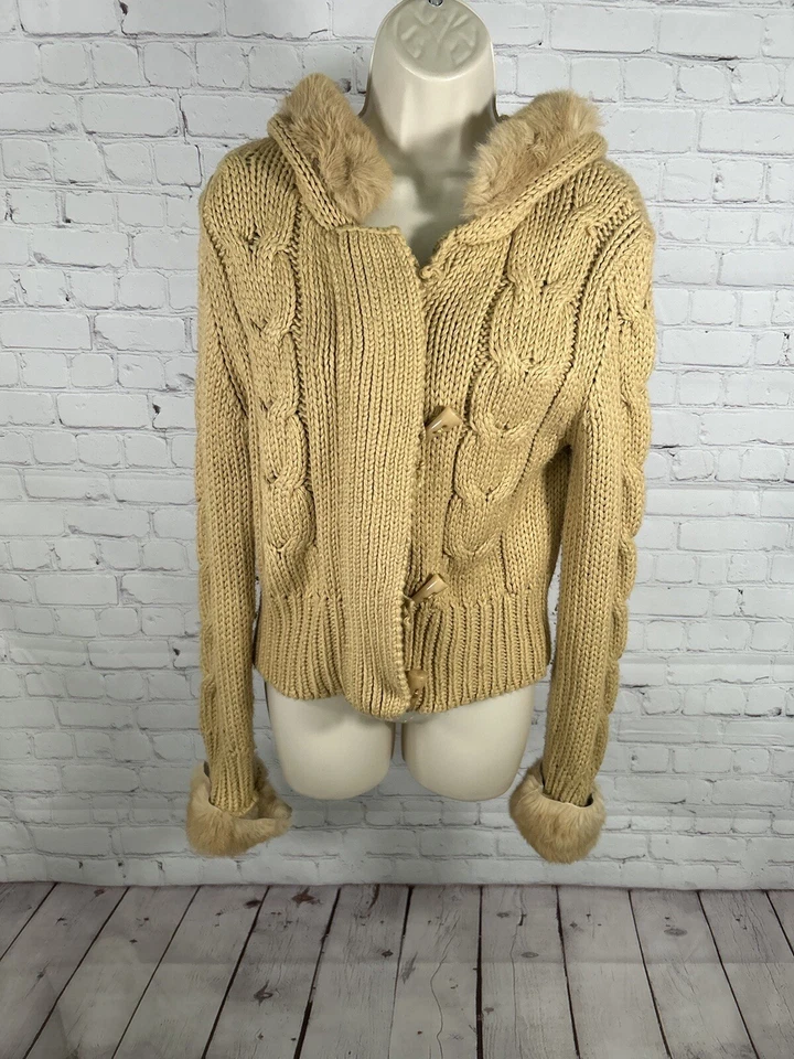 Kenji Chunky Hand Knit Brown Full Zip Rabbit Fur Hooded Toggle Close Jacket XL - Image 1 of 4