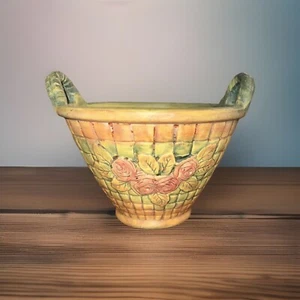 VTG WELLER POTTERY FLEMISH ROSE BASKET PLANTER / BOWL WITH DOUBLE HANDLE 7” T - Picture 1 of 6