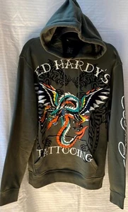 Ed Hardy Dragon Wings Tattooing Pullover Hoodie Sweatshirt Olive Green | Women S - Picture 1 of 7