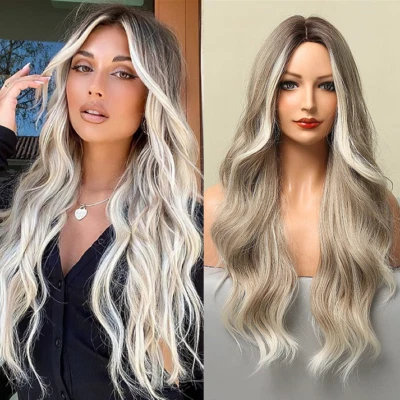 Peluca larga ondulada ombre rubia ceniza pelucas para mujer parte media pelucas sintéticas rizadas Foto 1 de 4