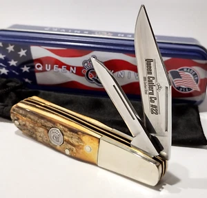 Queen USA Real Stag Bone Handle 2 Blade Barlow Folding Pocket Knife QGSH281 EDC - Picture 1 of 5