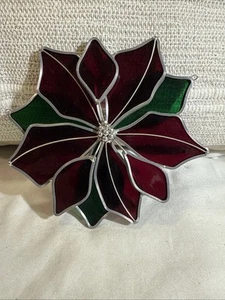 Vintage Stained Glass Poinsettia Flower Hanging Window Suncatcher - Picture 1 of 22