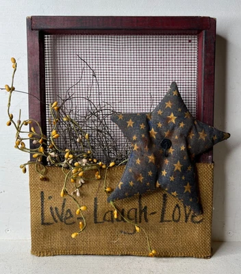 Primitive Rustic Country Decor Live Laugh Love Wall Hanging Star Pip Berries - Image 1 of 2