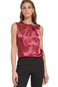 Calvin Klein Women's Sleeveless Satin Pleated Shell Top Cranberry Red Small - Picture 1 of 5