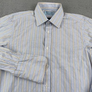 Camisa de Vestir Hilditch & Key Para Hombre 15 Azul Amarillo Rayas Puño Francés Hecha en Inglaterra - Imagen 1 de 10