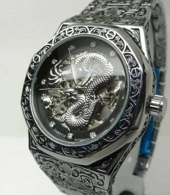 Reloj mecánico automático para hombre esfera esqueleto dragón 40 mm exposición trasera Foto 1 de 4