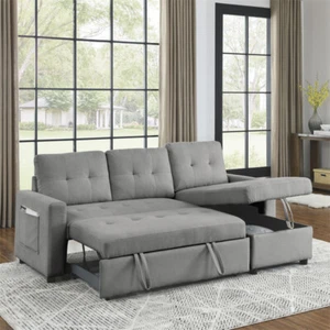 78.5" Reversible Sectional Storage Sleeper Sofa Bed,L-Shape 2 Seat Chaise-Gray - Picture 1 of 16