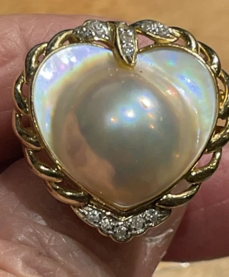 SIZE 7.25 14K 585 HEART-SHAPE MABE PEARL/DIAMOND RING - Image 1 of 4