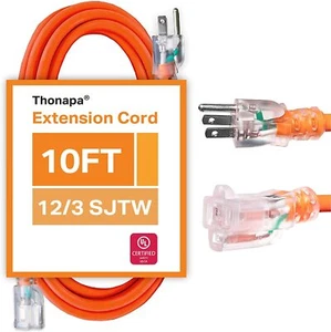 10 Ft Lighted Outdoor Extension Cord - 12/3 Heavy Duty Orange Cable-3 Prong Plug - Picture 1 of 5
