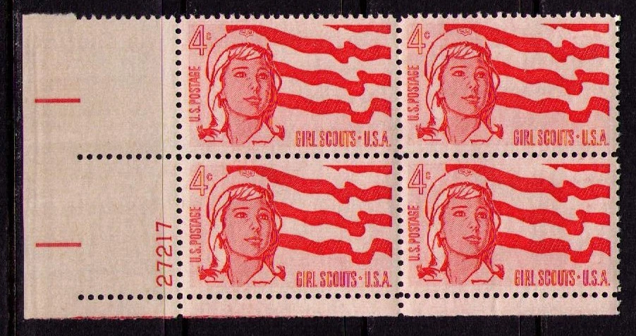 US USA Sc# 1199 MNH FVF PLATE # BLOCK Girl Scouts Flag Cap - Image 1 of 1