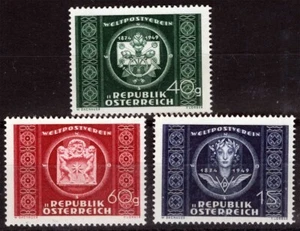 Austria Sc 565-567 Grn Azul Carm 40g-1s UPU Anniv 1949 Estampillada sin montar o nunca montada Juego de Gomas Original - Imagen 1 de 1
