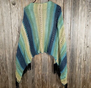 NEW Blue Green Beige Hand Knitted Shawl Scarf Wrap Boho Fringed Handmade  - Picture 1 of 5