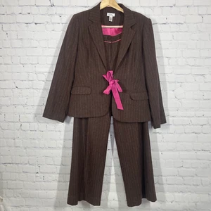 VTG Lilly Pulitzer 2 Pc Suit Blazer Large Pants 8 Brown Pink Pinstrip Wool - Picture 1 of 21