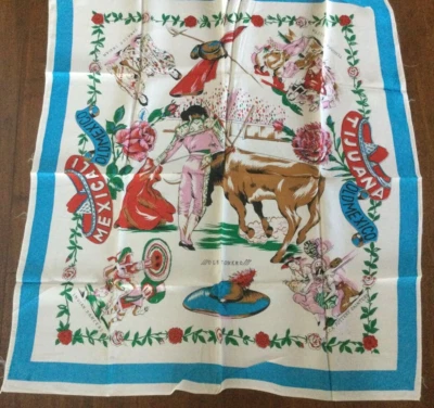 Vtg 50s Scarf Mexico Souvenir Large 35" Rockabilly Retro Multicolor  Bull Fight - Image 1 of 4