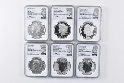 (6) 2023/S Morgan/Peace Silver $1 Mercanti FDOI MS70/PF70/Reverse PF70 NGC *1821 - Image 1 of 3