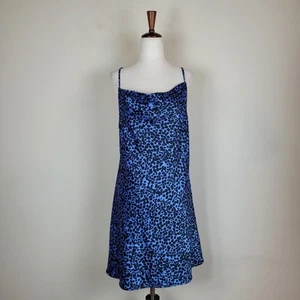 Flynn Skye Dress Womens Large Lynn Slip Blue Leopard Print Satin Mini Adjustable - Picture 1 of 7