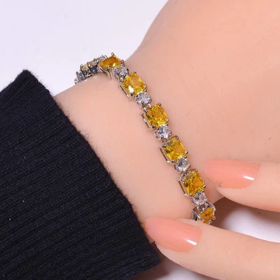 Yellow Sapphire & CZ Simulated 925 Sterling Silver Tennis Bracelet 7.99" B33 - Image 1 of 4