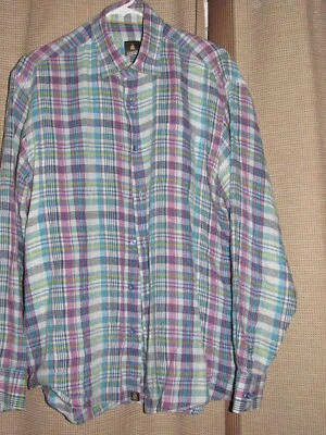 ROBERT TALBOTT Men's Large Button Front Shirt Colorful Plaid EUC 100% LINEN - Image 1 of 3