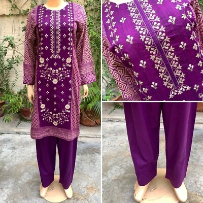 Pakistani Purple Printed Straight Shirt 3-PCS Lawn Suit w/ Threadwork ,S - Image 1 of 4