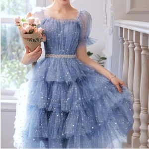 Vestido de noche princesa hasta la rodilla con lentejuelas estrellas malla brillante para dama - Imagen 1 de 12