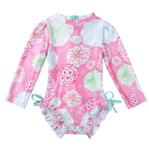 Baby Girls Long Sleeve Swimsuit Rash Guard One Piece Floral Printed Bathing Suit