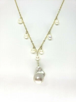 Collar de cadena de perlas blancas y perlas blancas rellenas de oro amarillo de 14k de 18" Foto 1 de 4