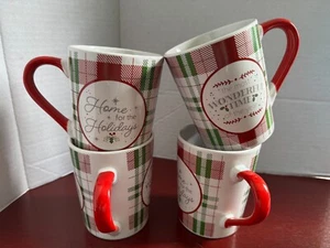 Royal Norfolk Christmas Mugs Red Green Plaid Set of 4 - Picture 1 of 6