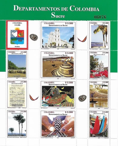 COLOMBIA, DEPARTAMENTOS DE COLOMBIA - SUCRE 2007, 12 STAMPS, MINT NH Cover